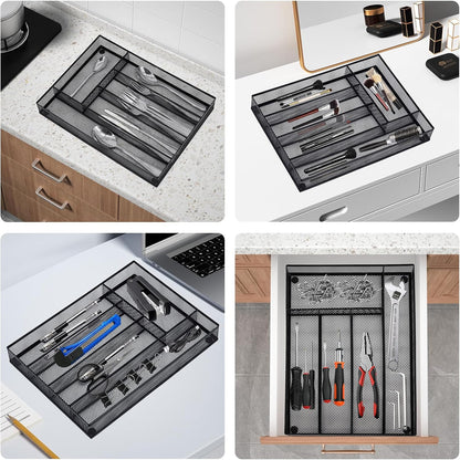 Neudeco Silverware Drawer Organizer - 5 Compartment Cutlery Tray with Non-Slip Feet, Mesh Wire Flatware Storage Divider for Kitchen, Bedroom, Living Room (Silver)