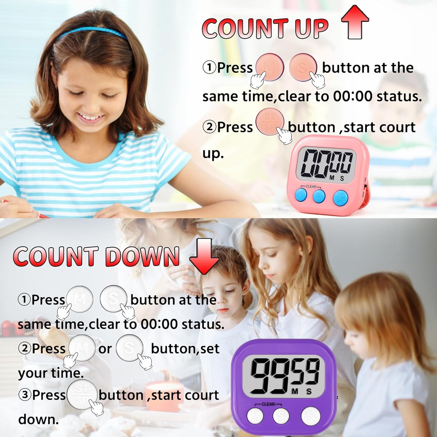 Timer for Kids Teachers Supplies Digital Kitchen Timers for Cooking Large Magnetic Classroom Timer 2Pack-Blue Green