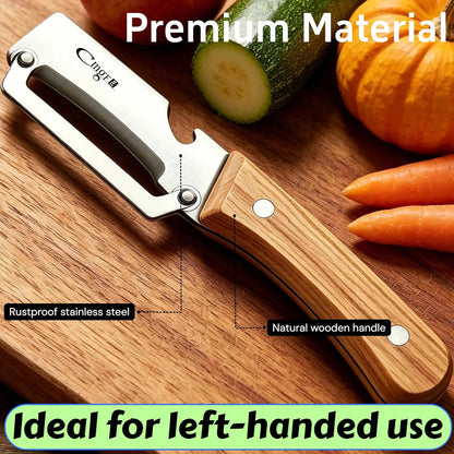 Maxjoy Multifunctional Vegetable Peeler, Zero Flex & Zero Snag, Stainless Steel with Wooden Handle, 2 in 1 Peeler with Bottle Opener for Potato Apple Carrot Fruit