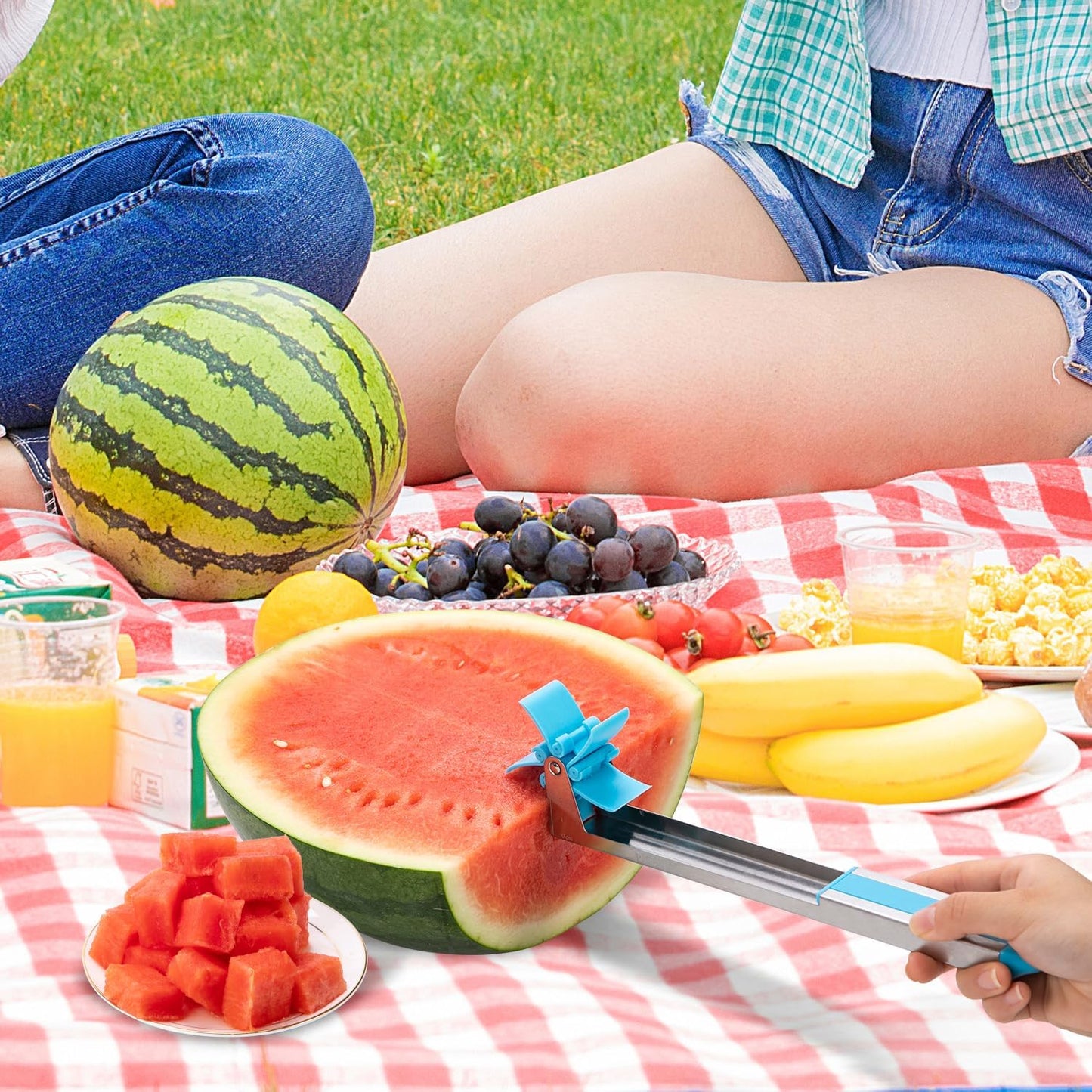 Watermelon Slicer Watermelon Cube Cutter Knife Corer Windmill Stainless Steel Watermelon Fruit Tools with Melon Baller Scooper Easy Slicer Unique Kitchen Gadgets Watermelon Knife Home Gift (Pink)