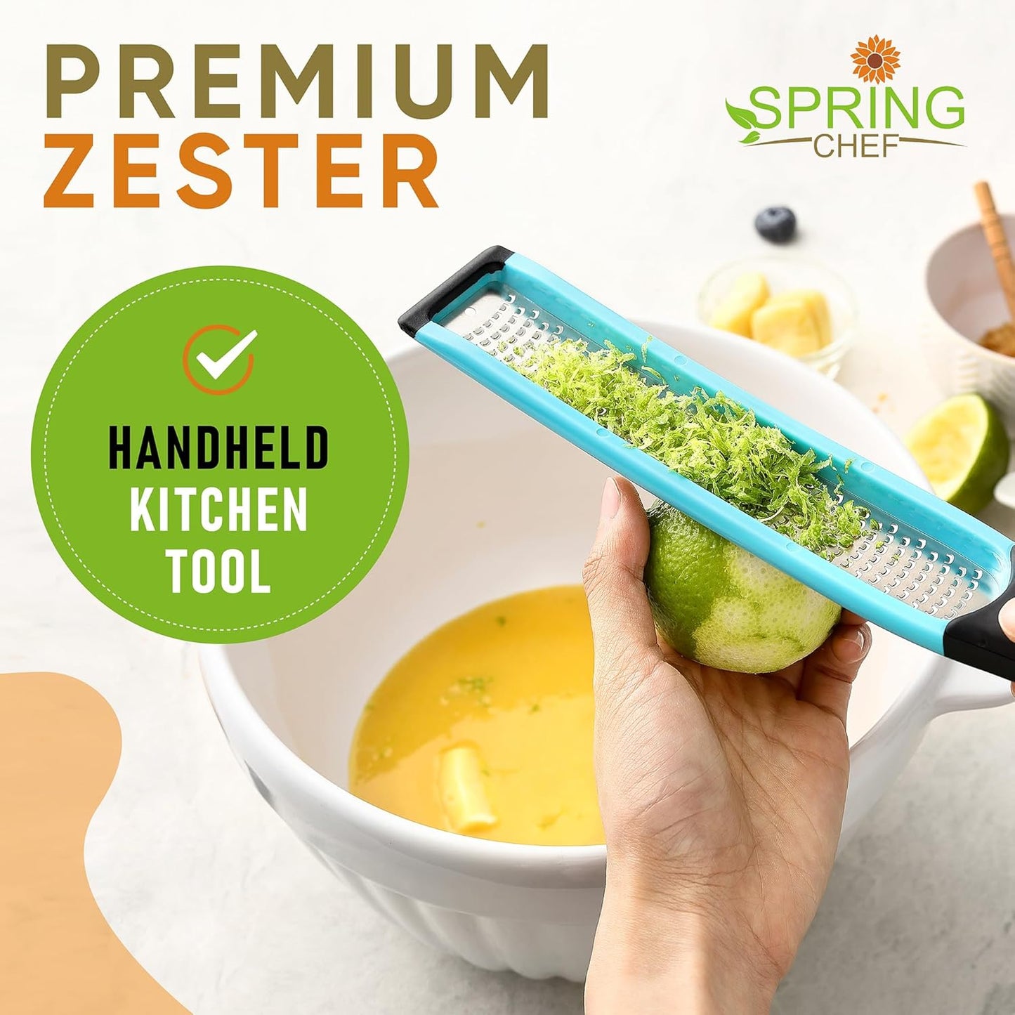 Spring Chef Premium Lemon Zester Grater with Handle - Fruits, Garlic, Chocolate, Nutmeg, Ginger Grater - Heavy Duty Kitchen Tool - Stainless Steel Citrus Zester with Blade Cover - Fine Shred, Black