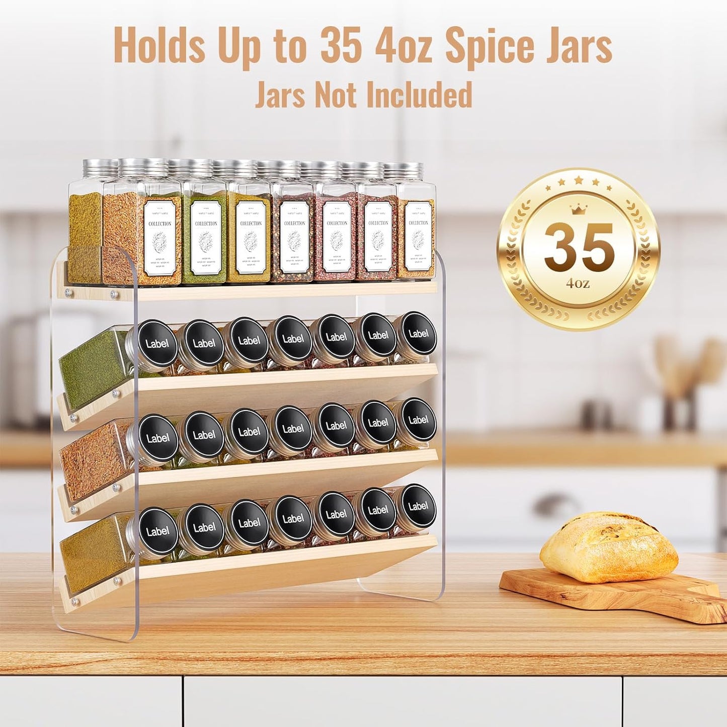 MUDEELA 4 Tier Spice Rack Organizer for Cabinet,Wooden Vertical Spice Shelf, Seasoning Organizer for Countertop, Kitchen, Pantry, Freestanding, 13.4" W × 11.2" H (No Jars Included), White