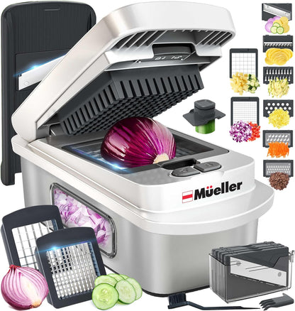 Mueller Pro-Series 10-in-1, 8 Blade Vegetable Chopper, Onion Mincer, Cutter, Dicer, Egg Slicer with Container, French Fry Cutter Potato Slicer, Home Essentials, Salad Chopper White Sand/Green