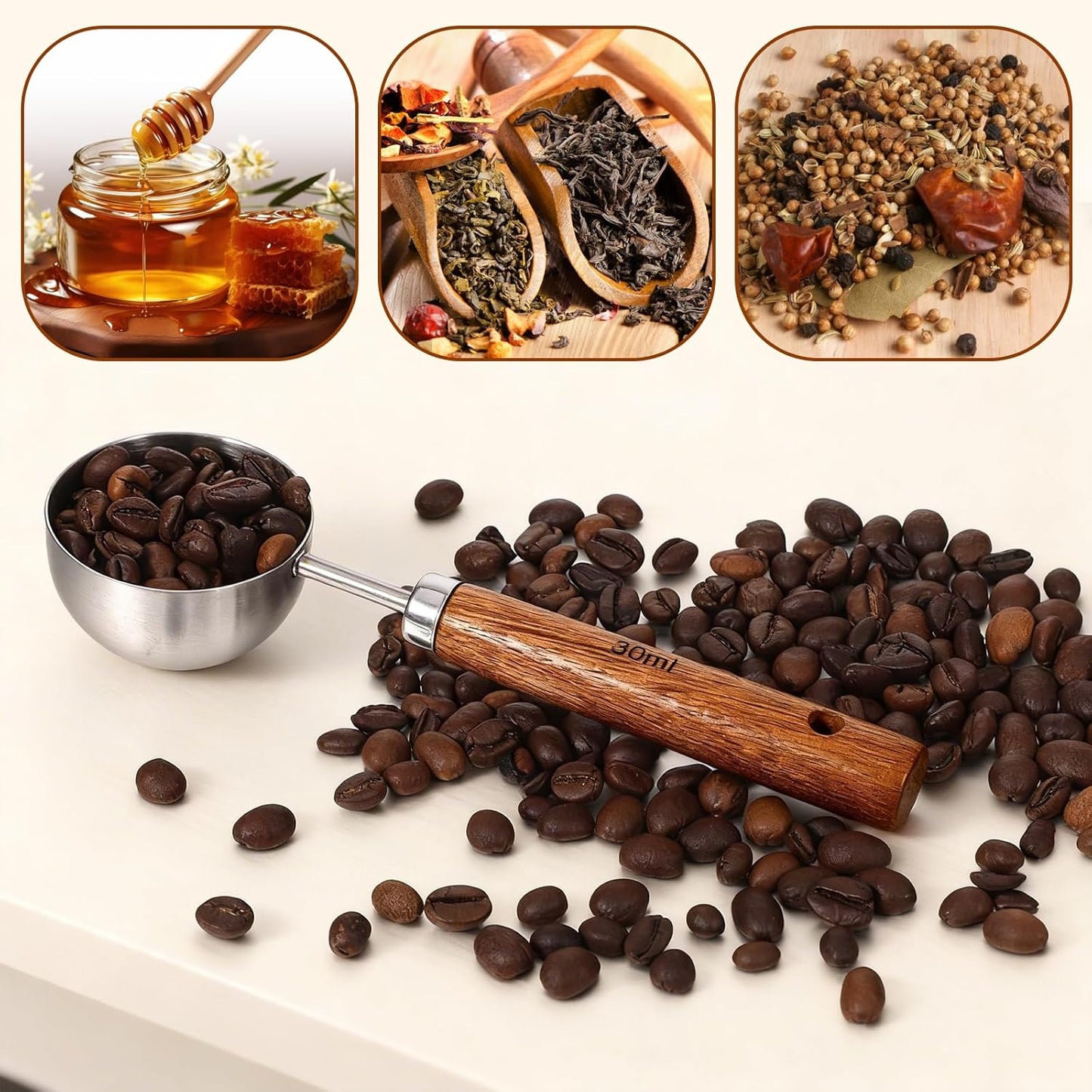 Silver Coffee Measuring Spoon, 30ml Capacity Tablespoon, Stainless Steel Teaspoon Scoop, Walnut Handle, Measuring & Serving Perfect for for Coffee Tea, and More