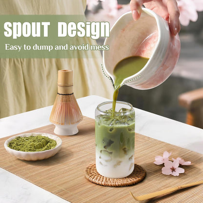 Matcha Whisk Set: Matcha Set with Bamboo Matcha Whisk and Ceramic Holder,Bamboo Scoop+Wooden Spoon,Scoop Holder,Sifter - Cute Matcha Tea Set - 6 Pcs Matcha Kit - Tools for Matchas Ceremonial Grade Kit