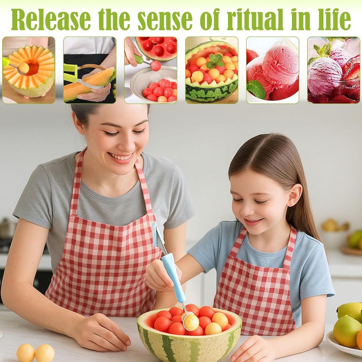 Suuker Melon Baller Scoop Set,4 In 1 fruit cutters shapes, watermelon scooper fruit scooper and baller, fruit carving tools（Green）