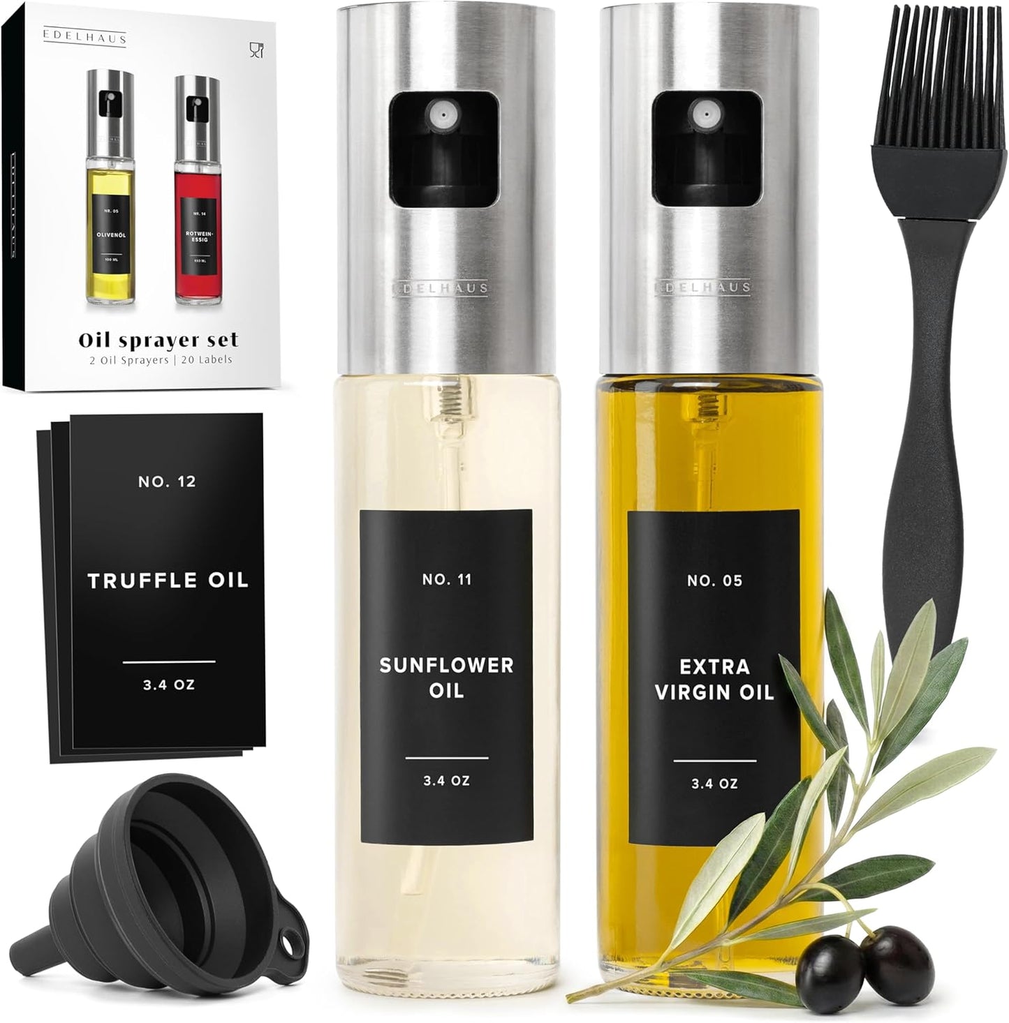 EDELHAUS Oil Sprayer Set of 2 – Oil Spray Bottle Made of Stainless Steel & Glass, for Healthy Cooking, Sprayer for Precise Dosage, for Cooking Oil & Vinegar Including 20 Labels, Funnel