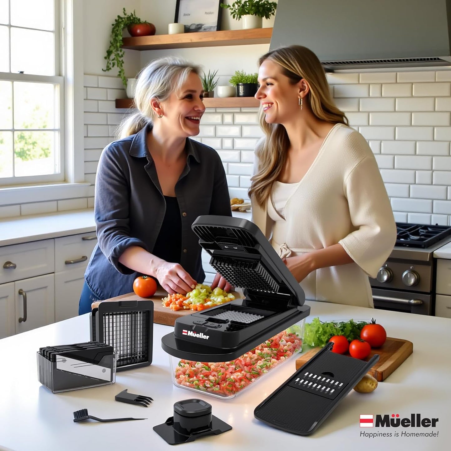 Mueller Pro-Series 10-in-1, 8 Blade Vegetable Chopper, Onion Mincer, Cutter, Dicer, Egg Slicer with Container, French Fry Cutter Potato Slicer, Home Essentials, Salad Chopper White Sand/Green