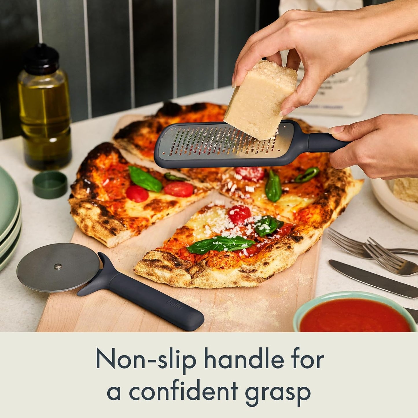 bella 6-Piece Modular Tool Set, Silicone, Turner, Spoon, Slotted Spoon, Spatula, Tongs, Crock with removable divider, Non-toxic*, Food-grade, Heat safe to 425°F, Dishwasher Safe, Slate