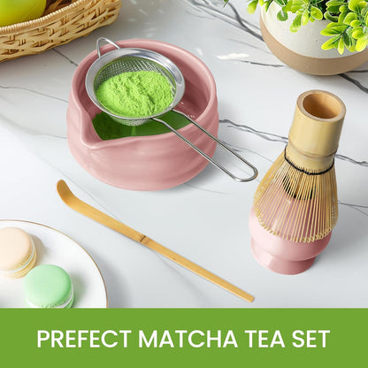 Matcha Whisk Set and Bowl, Matcha Making Kit Whisk, Bowl With Spout, Powder Starter Sifter, Ceramic Whisk Holder, Spoon Japanese Tea Tools For Ceremony Gift (White, 9 Pack)