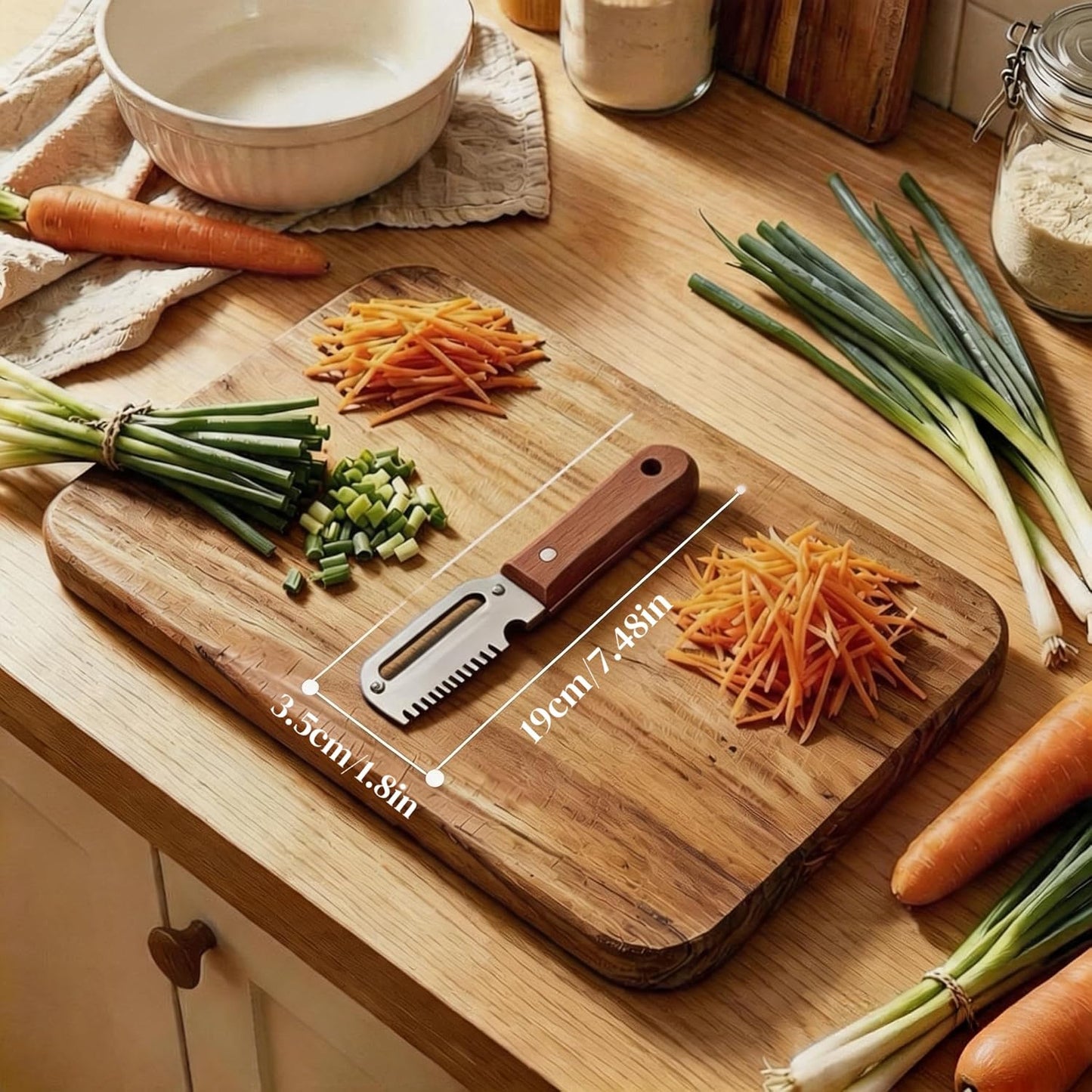3 in 1 Vegetable Peeler, Stainless Steel Julienne Peeler with Solid Wood Handle, Multi‑Functional Fruit Potato Carrot Cucumber Slicer Shredder, Food‑Grade Kitchen Peeling Tool for Home Cooking