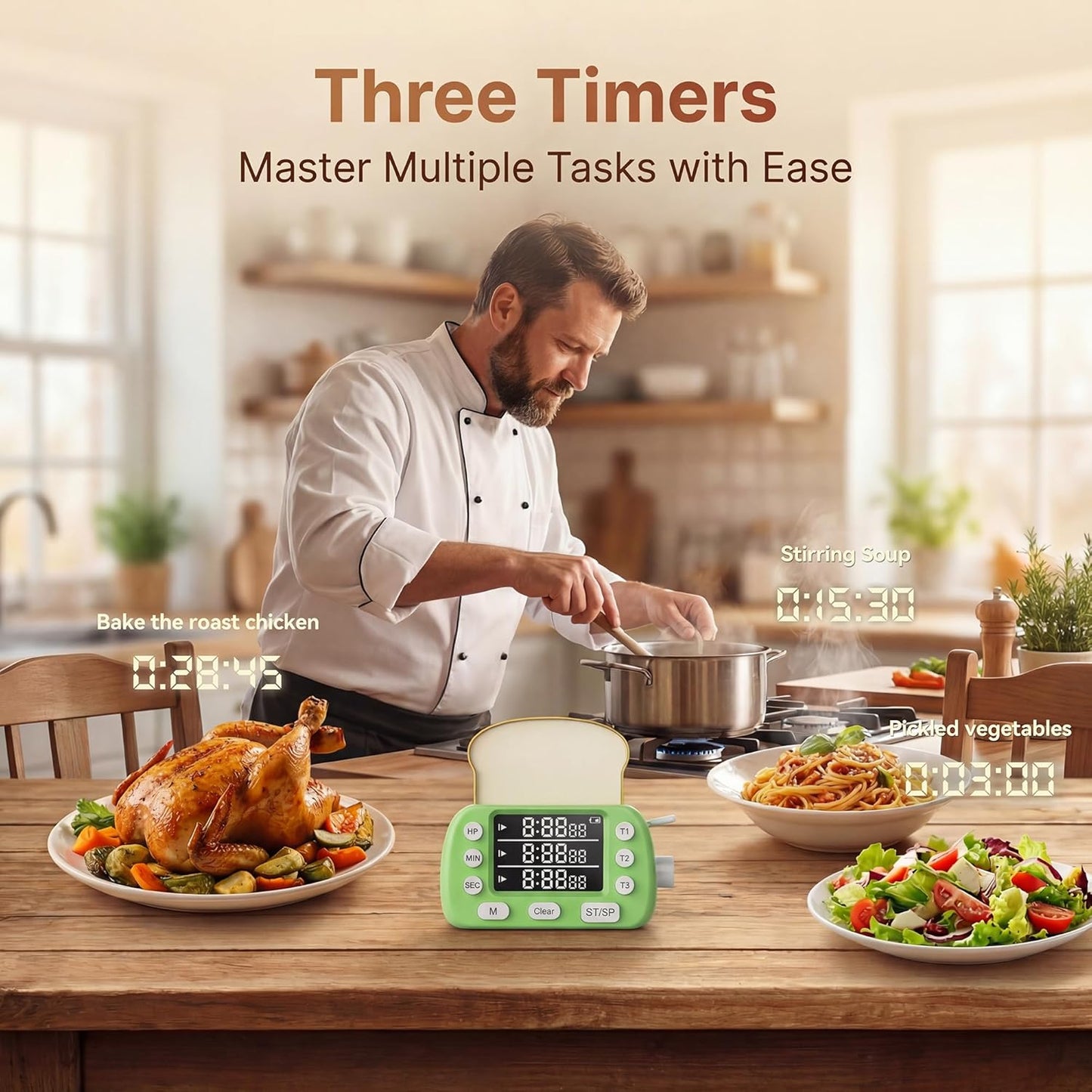 Digital Kitchen Timer for Cooking - 3 Channel Countdown Timer and Stopwatch with Strong Magnets,Silent Mode, LED Display, Memory, Timers for Cooking, Oven, Egg, Baking, Grilling, Teaching