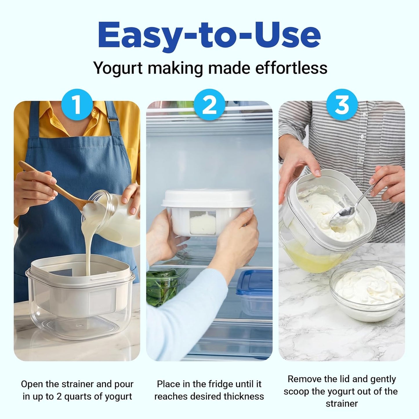 Ultimate Yogurt Strainer, Make Delicious, High Protein, Greek Yogurt, 70% Less Sugar & Lactose, Fine Mesh Nylon Greek Yogurt Maker, 100% BPA-Free & Dishwasher Safe with Large 2.3 Quart Capacity