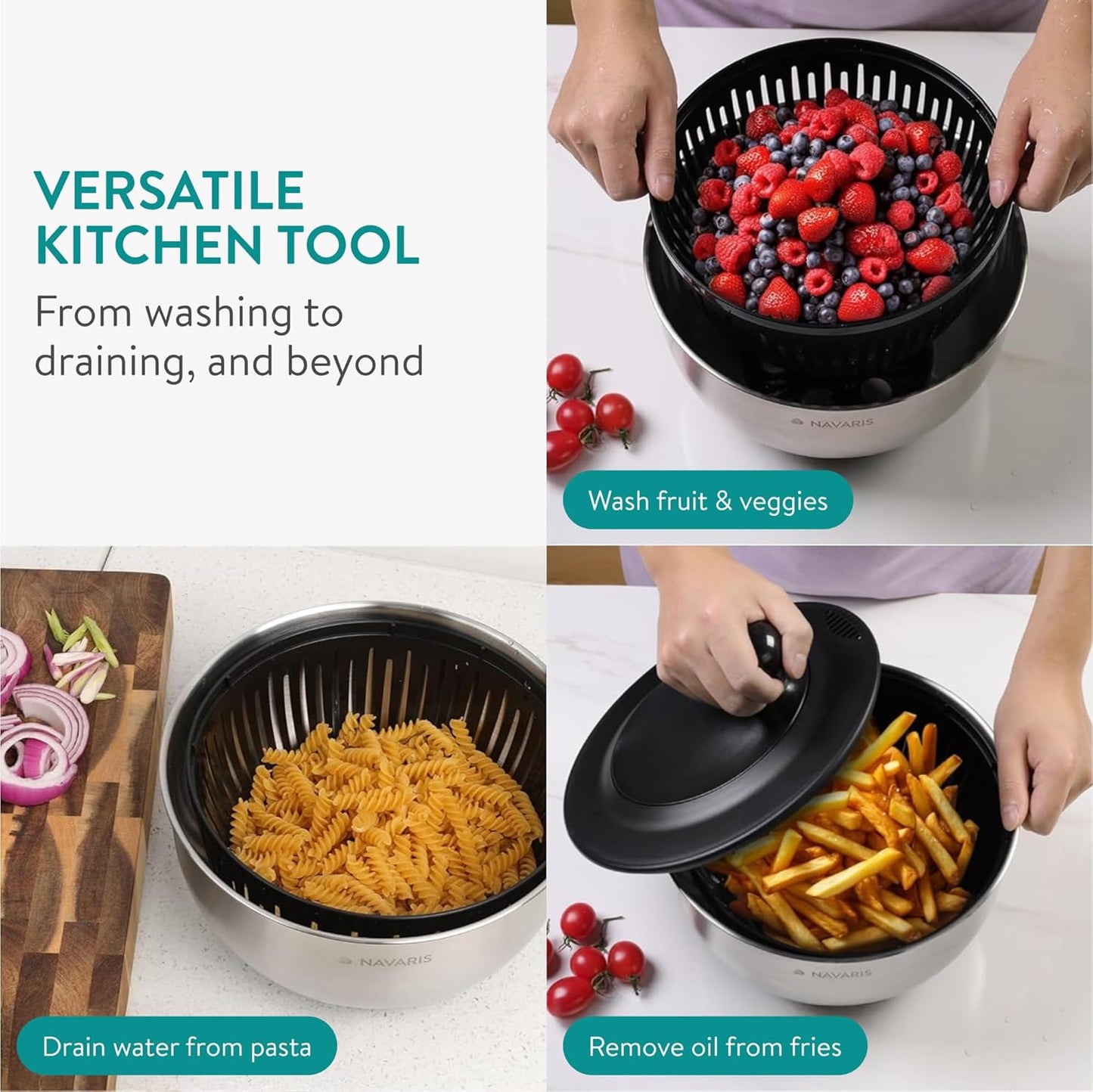 Navaris Salad Spinner with Storage Lid - Durable Stainless Steel Vegetable & Lettuce Dryer Set - Non-Slip Silicone Base - Includes Plastic Colander and Extra Storage Lid - Black