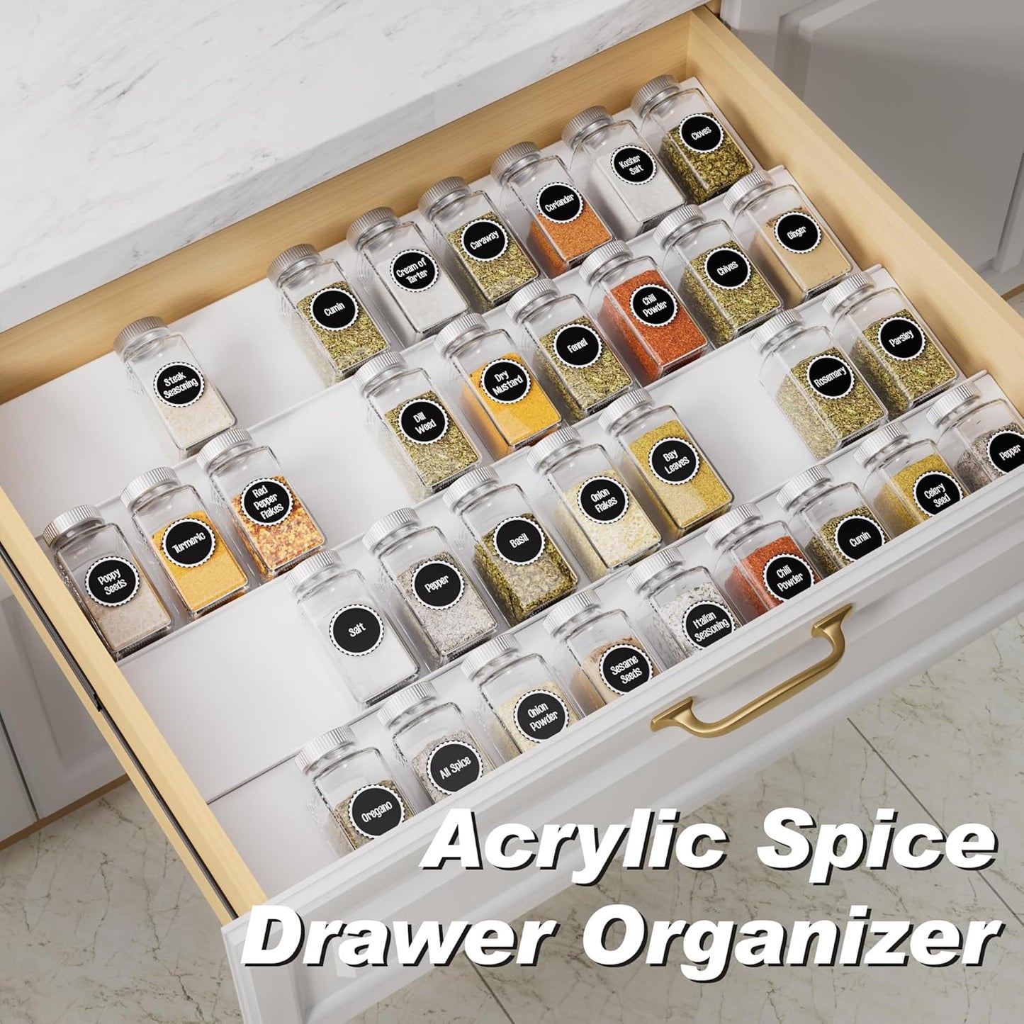 MIUKAA Clear Acrylic Spice Drawer Organizer, 4 Tier- 2 Set Expandable From 13" to 26" Drawer Seasoning Organizer, Kitchen Spice Rack Tray for Drawer/Countertop (Jars not included)
