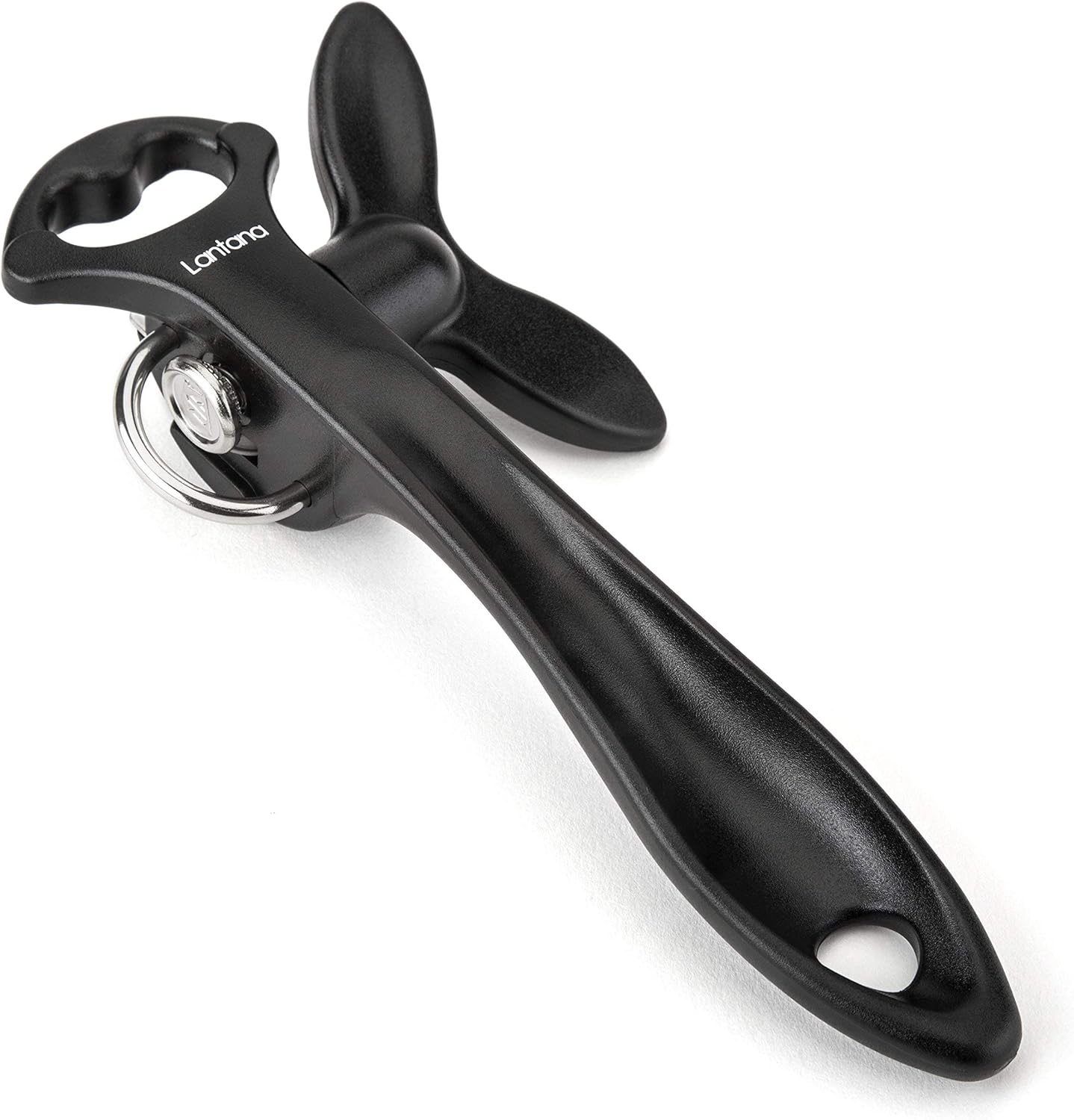 Lantana Smooth Edge Can Opener with Bottle Cap Lifter - Hand Held Manual Safety Tin Opener - Black/Stainless Steel