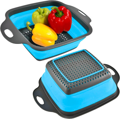 Green Kitchen Strainer Colander Set - 2 PCS Multifunctional Colander Silicone Food Strainers for Kitchen for Pasta and Spaghetti Collapsible with Plastic Handles