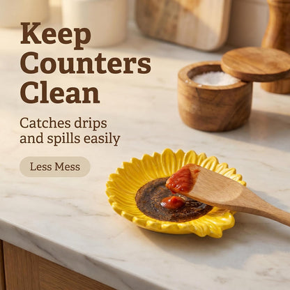 Set of 2 Ceramic Sunflower Spoon Rests for Kitchen Counter & Stove Top | Bright sunflower design adds farmhouse charm while protecting countertops and keeping cooking utensils within easy reach.