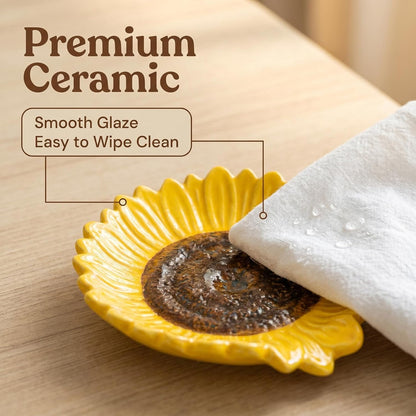 Set of 2 Ceramic Sunflower Spoon Rests for Kitchen Counter & Stove Top | Bright sunflower design adds farmhouse charm while protecting countertops and keeping cooking utensils within easy reach.