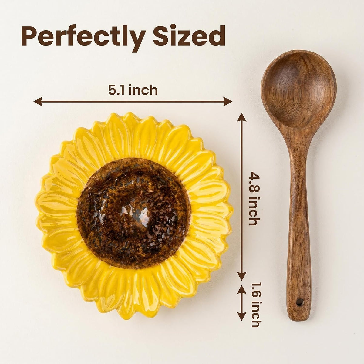 Set of 2 Ceramic Sunflower Spoon Rests for Kitchen Counter & Stove Top | Bright sunflower design adds farmhouse charm while protecting countertops and keeping cooking utensils within easy reach.