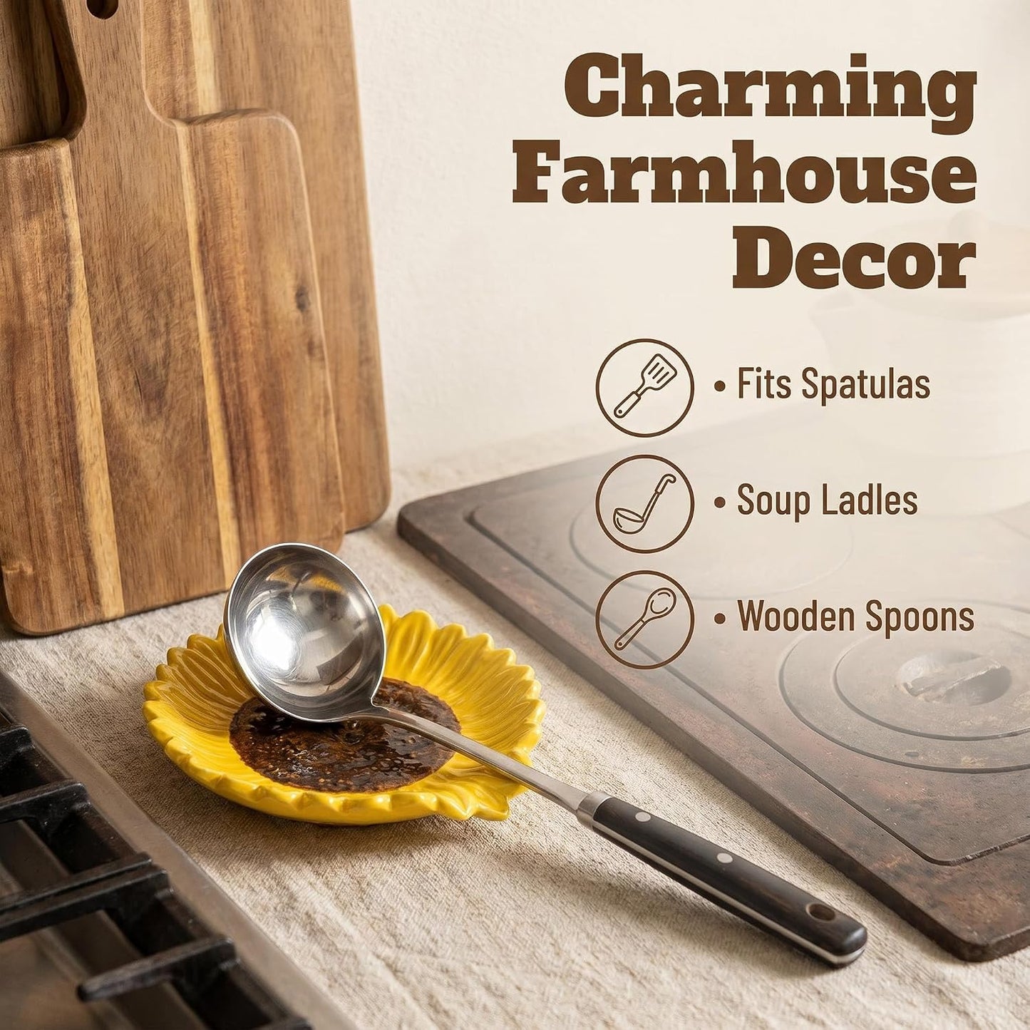 Set of 2 Ceramic Sunflower Spoon Rests for Kitchen Counter & Stove Top | Bright sunflower design adds farmhouse charm while protecting countertops and keeping cooking utensils within easy reach.