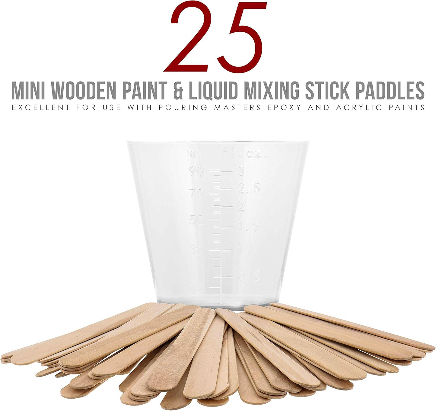 Pouring Masters 5 Oz (150 ml) Liquid Measuring Cups - Plastic Graduated Cup (50 Pack) with 25 Sticks - Reusable Mixing Cups for Paint, Craft, Kitchen, Lab, Medical Supplies, Epoxy Resin, Art
