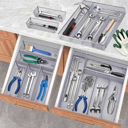 Neudeco Silverware Drawer Organizer - 5 Compartment Cutlery Tray with Non-Slip Feet, Mesh Wire Flatware Storage Divider for Kitchen, Bedroom, Living Room (Silver)