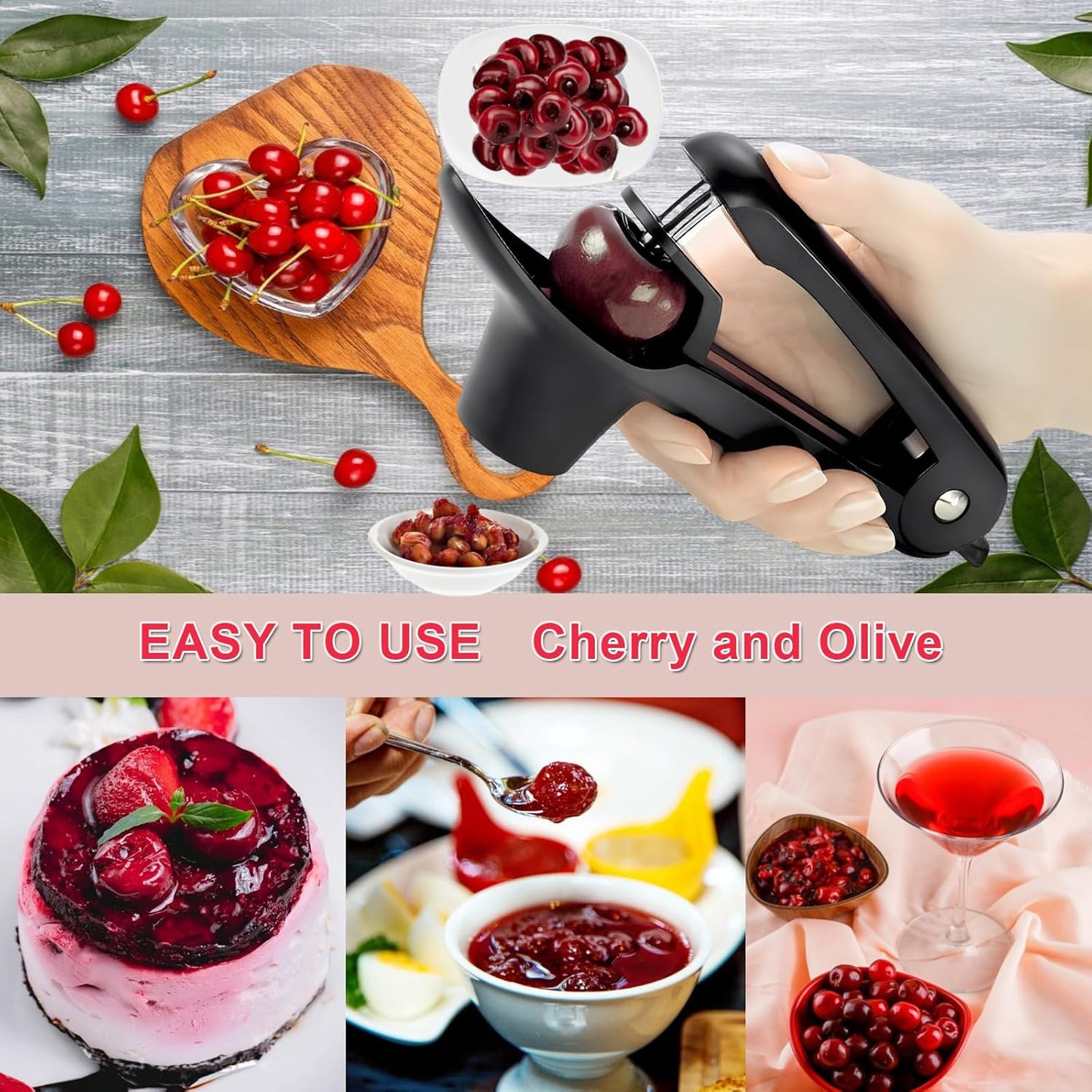 Cherry Pitter Tool, Heavy-Duty Stainless Steel Olive and Cherry Pitters Corer Tool with Space-Saving Lock Design, Multi-Function Cherries Stoner Seed Remover Tool for Making Cherry Jam (Black)