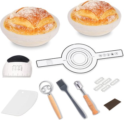 Bread Proofing Basket Kit, 9 In Round Sourdough Proofing Basket with Linen Liner, Silicone Bread Sling, Bread Lame, Danish Dough Whisk, Dough Scraper Kit, Silicone Brush & Bowl Scraper