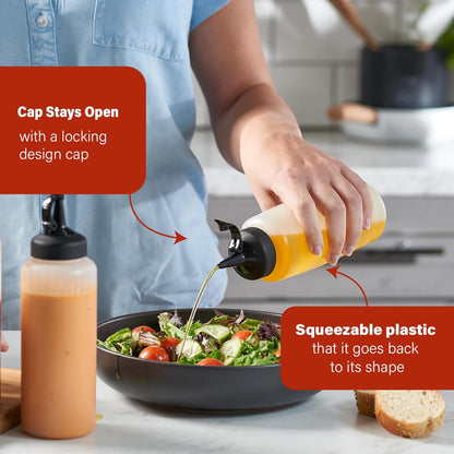 MIGHTY STRONG 4 Pack Condiment Squeeze Bottles 24 Oz –Easy Pour Sauce Bottle With Leak Proof Snap Cap, Plastic Squeeze Bottles For Sauces, Condiment Containers, clear
