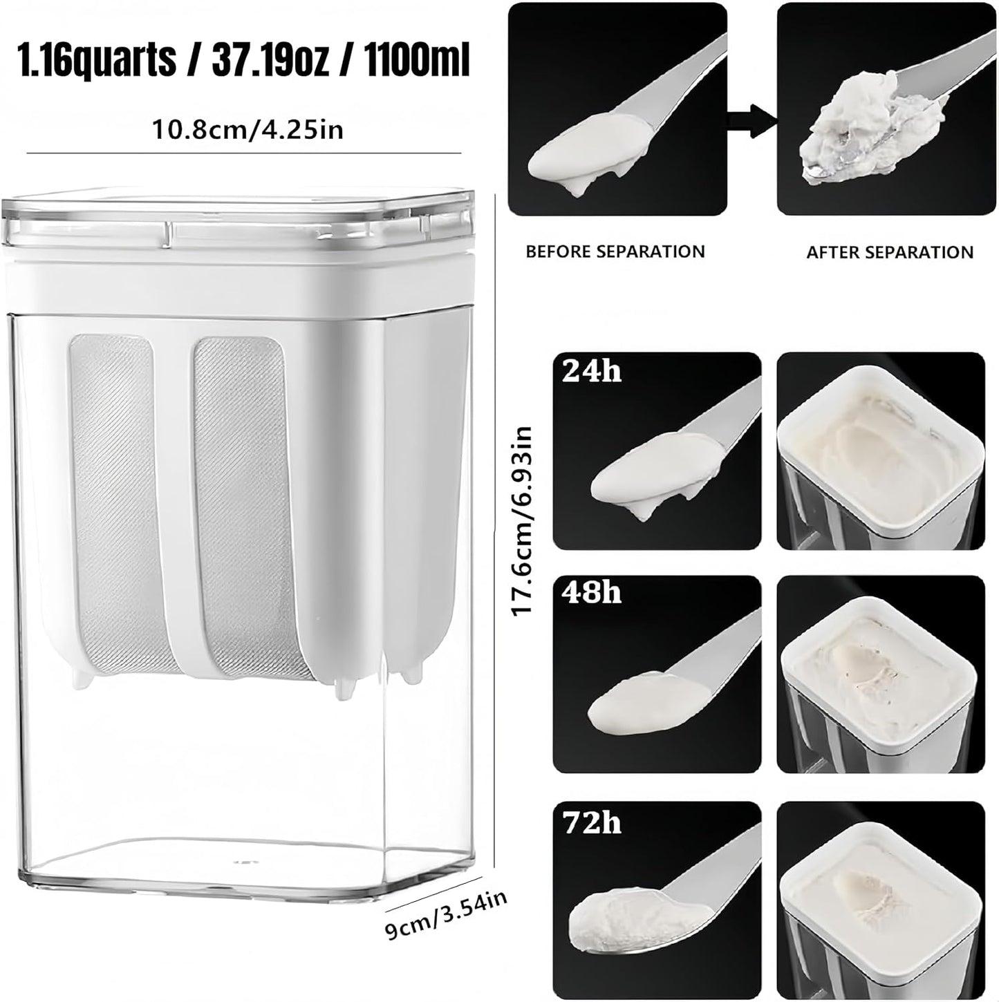 Yogurt Strainer—【1.9QT/0.475GAL Total】 & 【0.9QT/0.23GAL Filter】, Yogurt Strainer Greek Yogurt Strainer Yogurt Press, BPA-Free PP Strainer for Whey Separation（Totle1.9QT）
