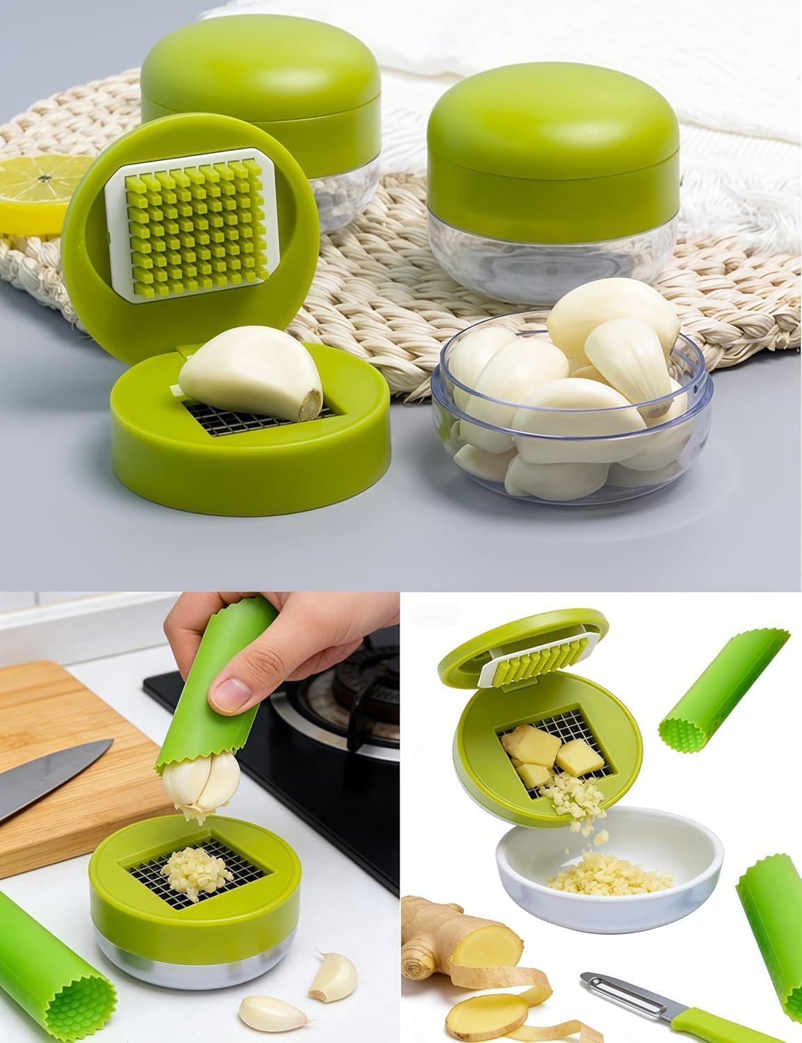3 Pack Garlic Press Stainless Steel, Garlic Chopper, Garlic Slicer, Garlic Mincer Tool with Storage Container, Peeler & Cleaning Brush for Home Cooks Chefs