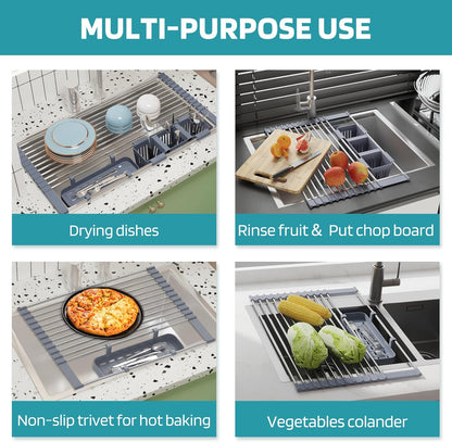 Black Expandable Roll Up Dish Drying Rack Up to 22.8''with 2 Storage Baskets,Over The Sink Kitchen Rolling up Dish Drainer Drying Rack , Foldable,Rollable,for Kitchen Dishes(Expandable Width Size)