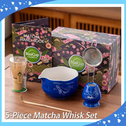 Buucup Matcha Set, Matcha Bowl with Spout, Matcha Whisk and Holder, Bamboo matcha Scoop and Stainless Sifter - 5 Pcs Jade Green Matcha Set Kit for Matcha Lover