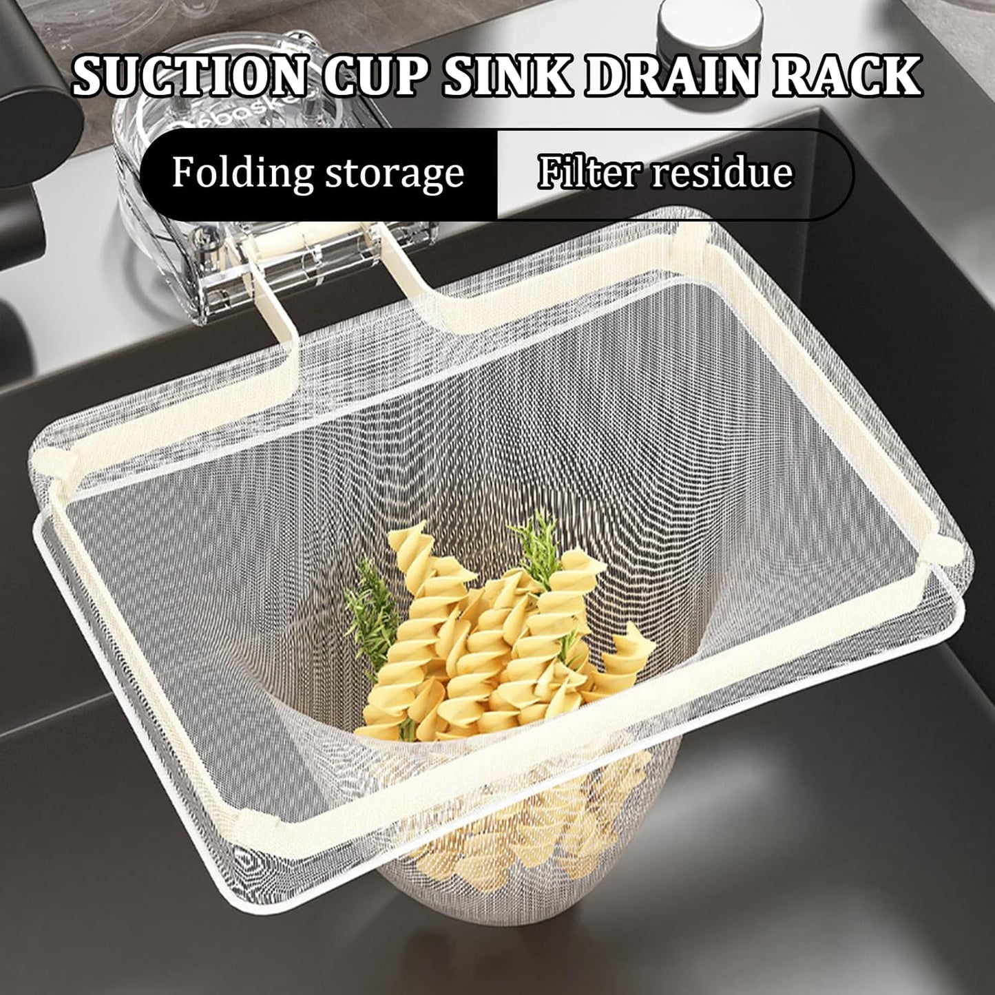 Kitchen Sink Strainer with 100 PCS Filter Mesh Bag, Food Waste Filter Basket, Suction Cup Folding Washing Vegetables and Fruits Drying Bag Holder(Silver)