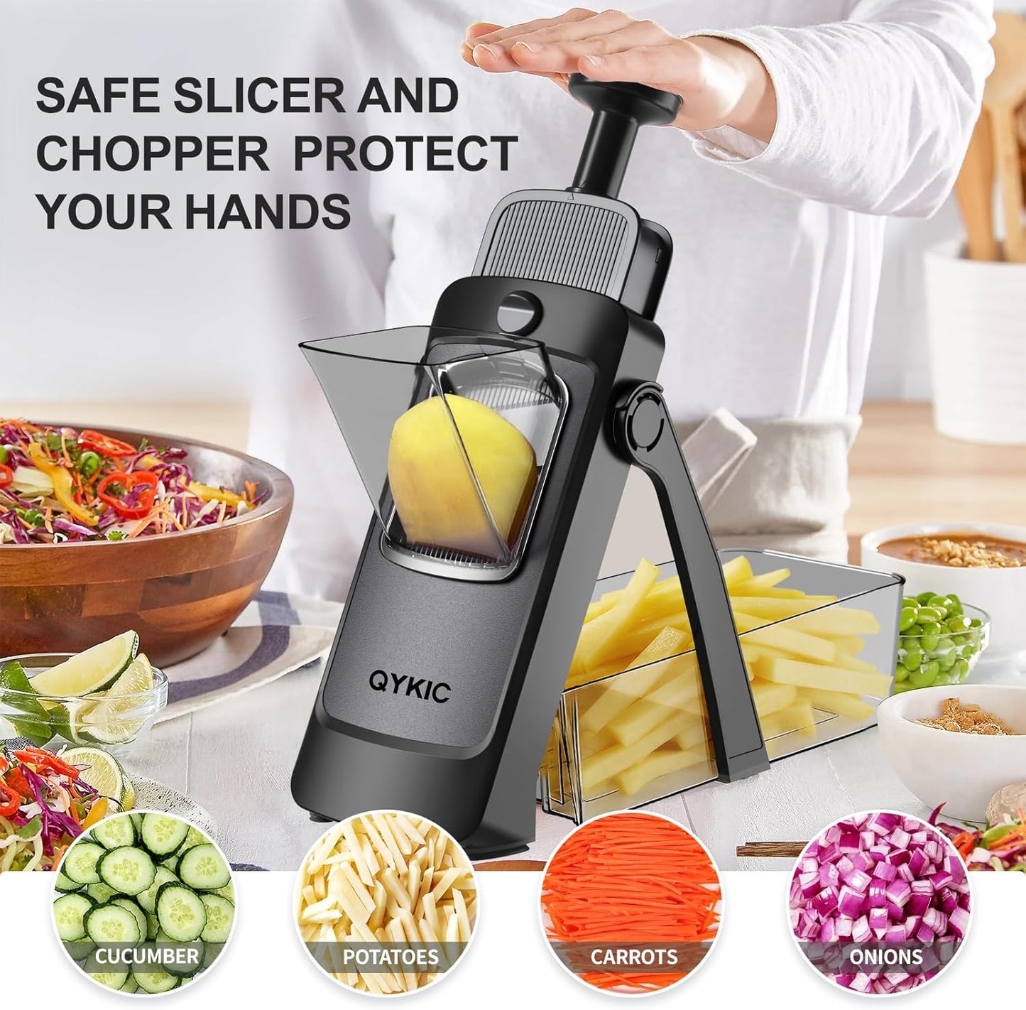 QYKIC Upgrade Safe Mandoline Slicer for Kitchen, Vegetable Chopper and Slicer, Potato Slicer Thickness Adjuster, French Fry Cutter, Veggie Onion Dicer Faster Kitchen Mandolin for Meal Prep