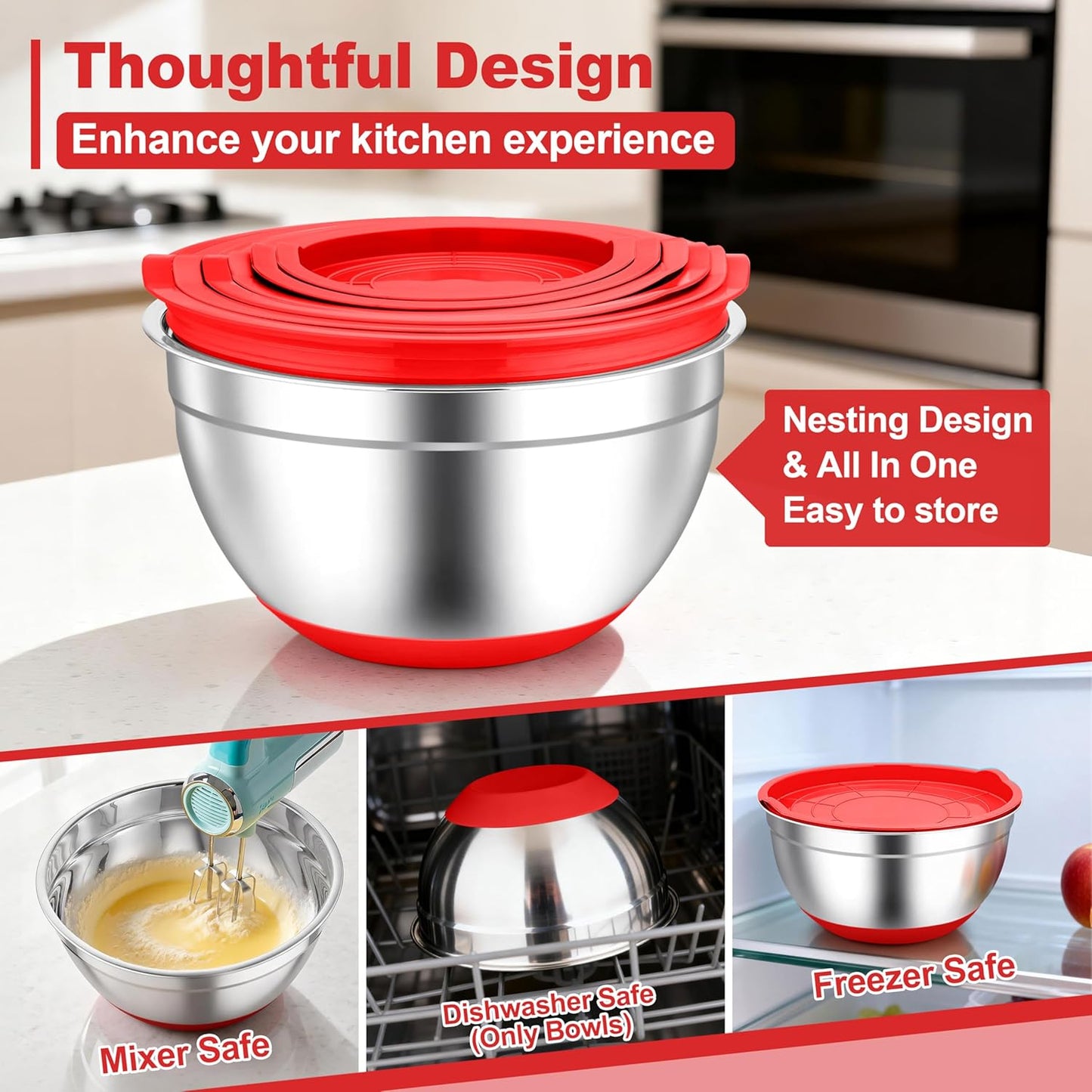 TeamFar Mixing Bowls, Black Mixing Bowls with Lids Set, Stainless Steel Nesting Salad Bowl with Air-tight Lid & Silicone Bottom, Non Slip & Stackable - Set of 6-4.6/2.6/2 / 1.5/1 / 0.7 Qt