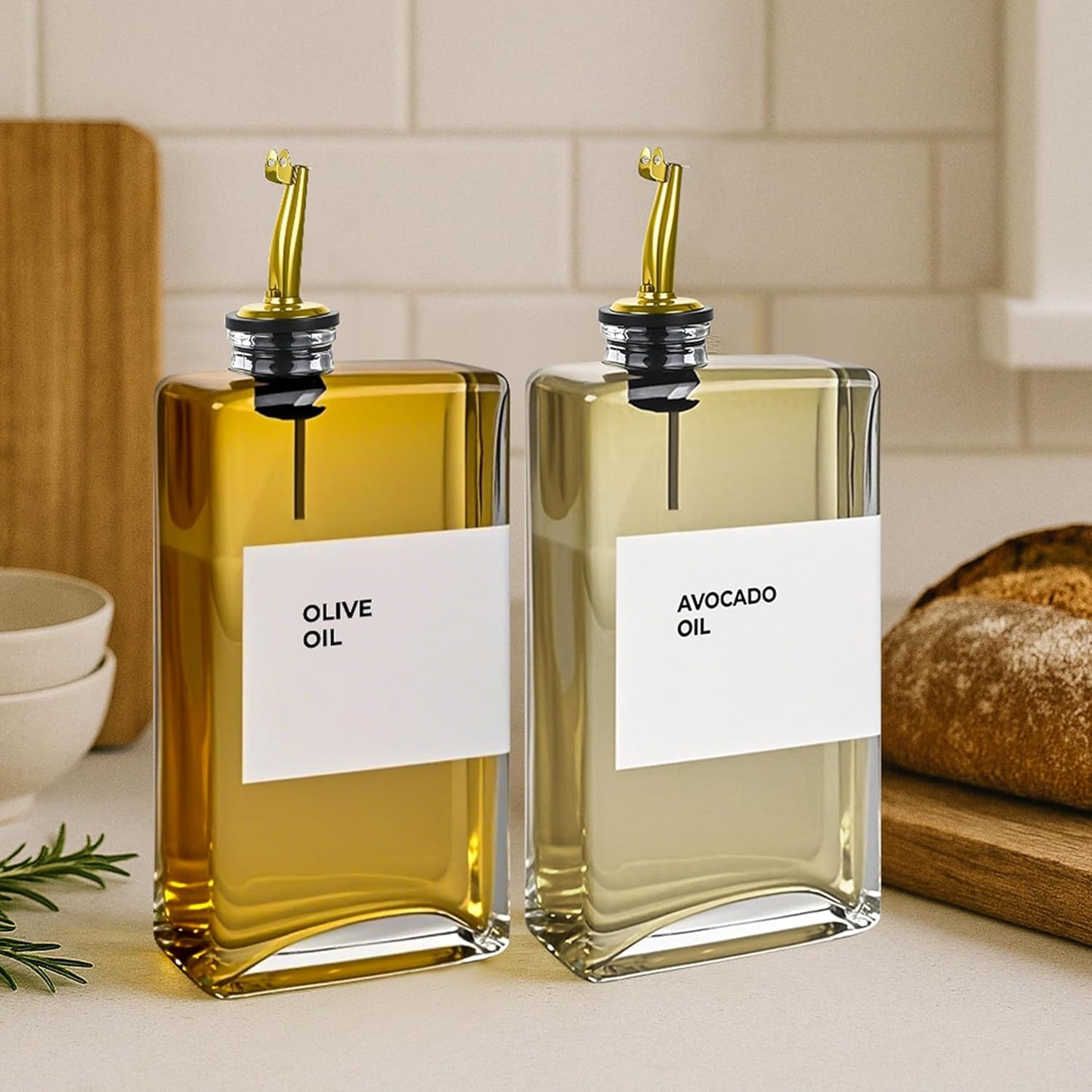 Spaceneat Olive Oil Dispenser Bottle - Includes 44 Kitchen Essential Labels - Cooking Oil Bottles for Kitchen, Coffee Syrup Dispenser - Pourer Spout with 11.8 fl oz Glass Container Cruet - 4pcs, Gold