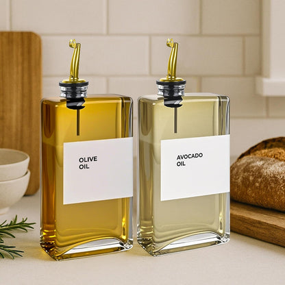 Spaceneat Olive Oil Dispenser Bottle - Includes 44 Kitchen Essential Labels - Cooking Oil Bottles for Kitchen, Coffee Syrup Dispenser - Pourer Spout with 11.8 fl oz Glass Container Cruet - 4pcs, Gold