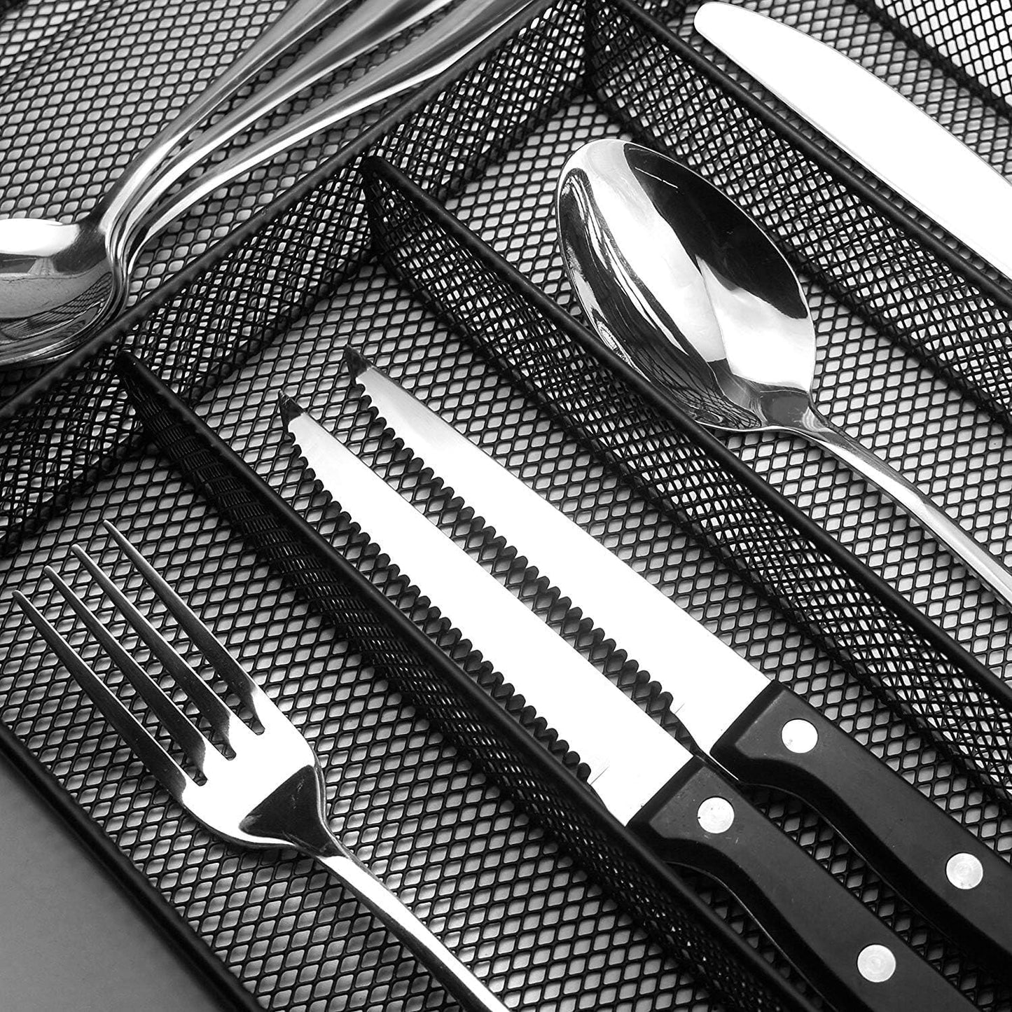 Sedegn Silverware Organizer Metal Mesh, Large Drawer Organizer, Utensil Cutlery Tray for kitchen drawers, Flatware Organizer with 6 Compartment, Black (11.3”*16“)