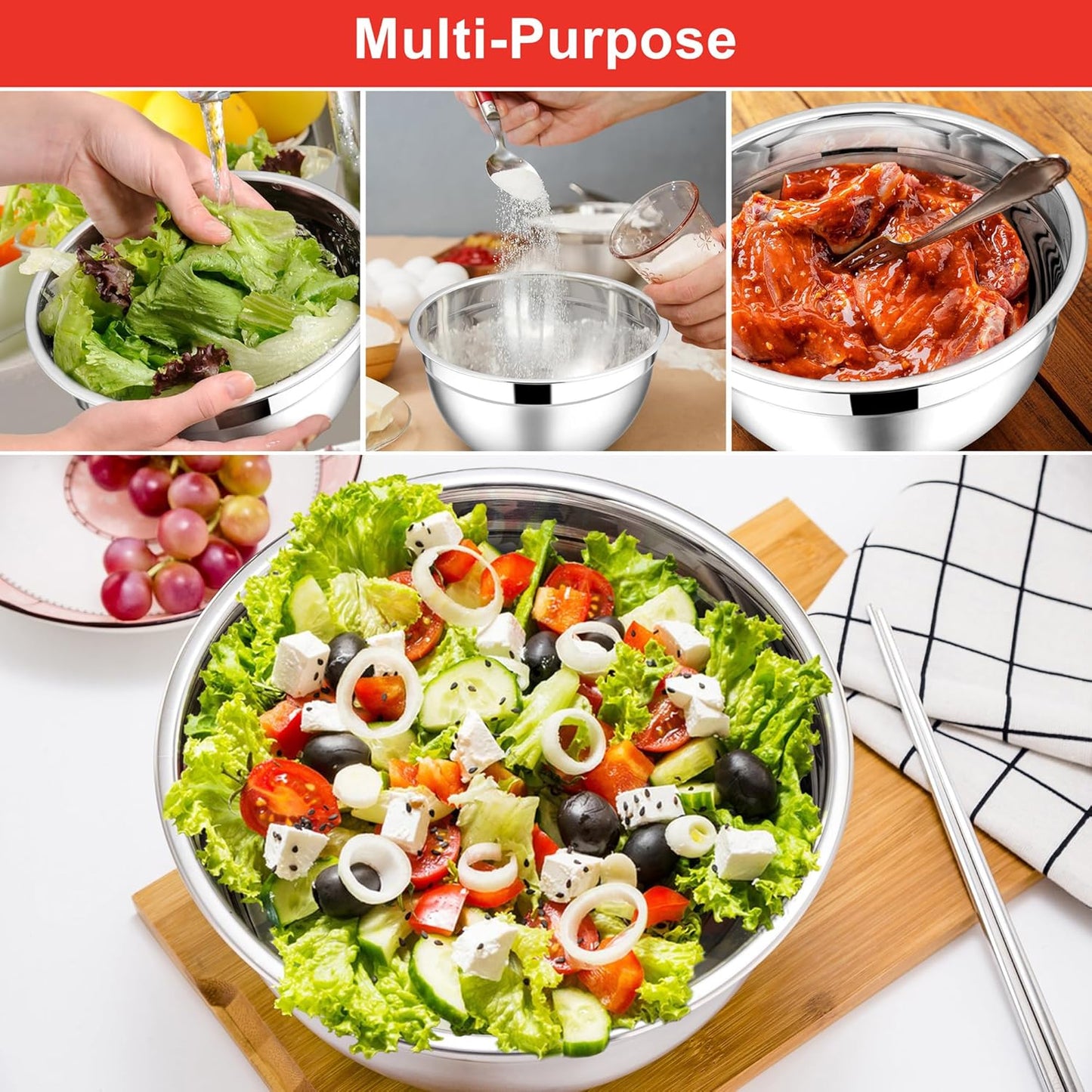E-far Mixing Bowls with Lids, 6-Piece Stainless Steel Salad Bowls Metal Nesting Bowls for Baking Cooking and Prepping, Airtight Lids & Stackable Design, Size 4.5, 3, 1.5 QT (Black)