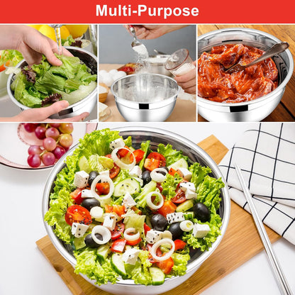 E-far Mixing Bowls with Lids, 6-Piece Stainless Steel Salad Bowls Metal Nesting Bowls for Baking Cooking and Prepping, Airtight Lids & Stackable Design, Size 4.5, 3, 1.5 QT (Black)