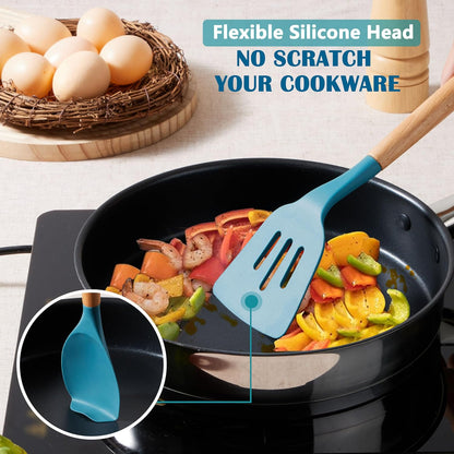 E-far Silicone Cooking Utensils Set, 10-Piece Heat Resistant Kitchen Utensils Set with Wooden Handle for Nonstick Cookware, Kitchen Nonstick Tools Spatula Whisk Tongs Ladle, Non-toxic & Healthy(Khaki)