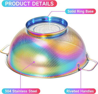 Rainbow Strainer for Kitchen, 3QT, Stainless Steel Colander with Handle for Fruits Vegetables Cooking Food, Dishwasher Safe