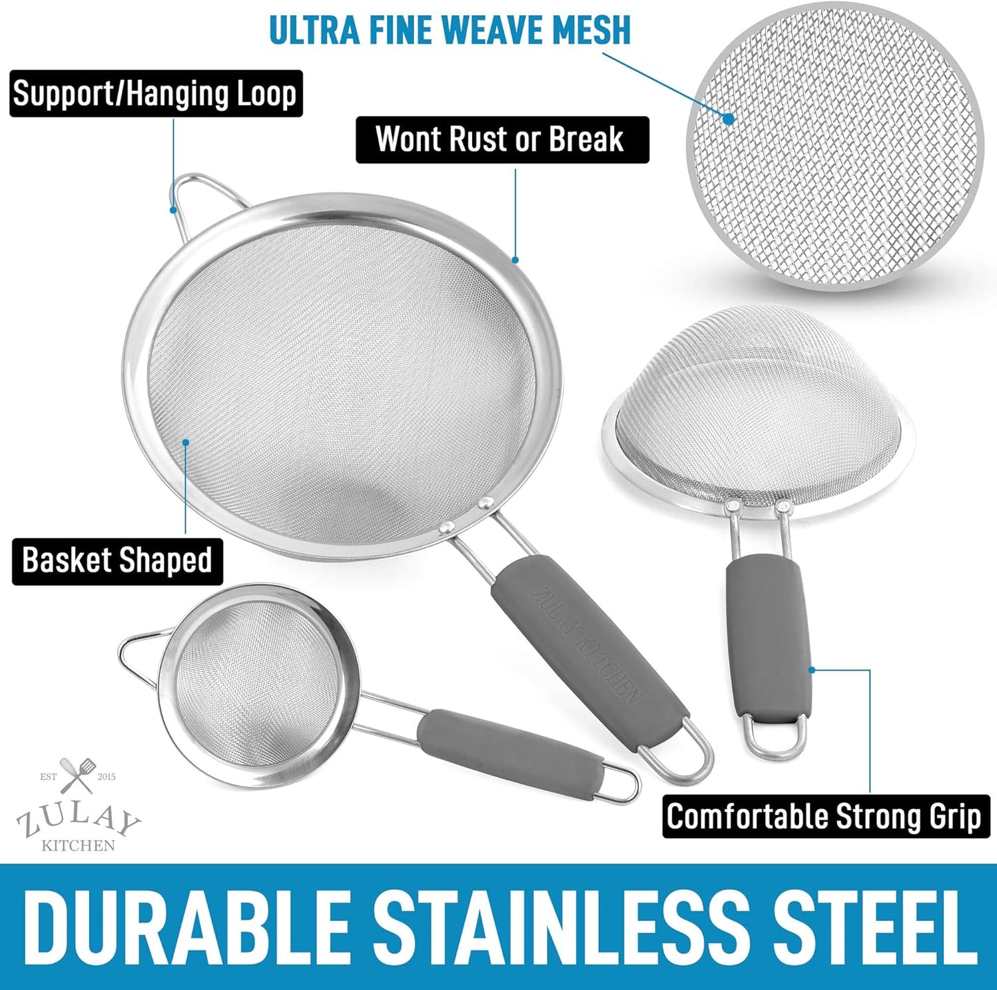 Zulay Kitchen 304 Stainless Steel Fine Mesh Strainer 3.35 in - Strainers Fine Mesh, Tea Strainers for Loose Tea - Perfect for Tea, Cocktails, Juicing, Drinks, Liquids, Matcha, Coffee & More