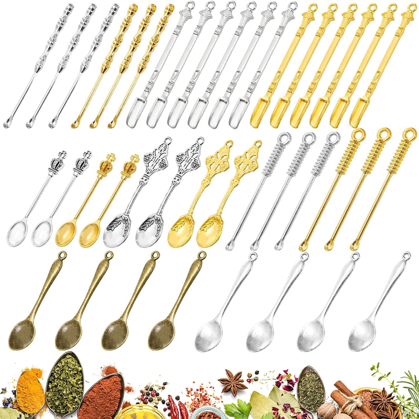 Foraineam 40 Pieces Mini Spoons Tiny Shovel Spoon, Metal Medicine Spoon Powder Scoop for Spices, Herbs, Kitchen Tableware Charm Pendant Spoons For DIY Craft Jewelry Making Necklace Bracelet Key Chain