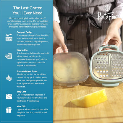 PortoFino Mini Box Grater with Handle, Cheese Grater with Container, 2 in 1 Design for Grating and Storage, Stainless Steel Food Grater with Plastic Storage Container, Dishwasher Safe, Small, Blue