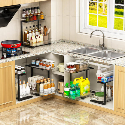 ARSTPEOE Under Sink Organizer - 2 Packs Multi-Purpose Pull-Out Storage Organizers, Slide out Pull out Metal Cabinet Organizer Shelf, Storage for Kitchen Bathroom, Black
