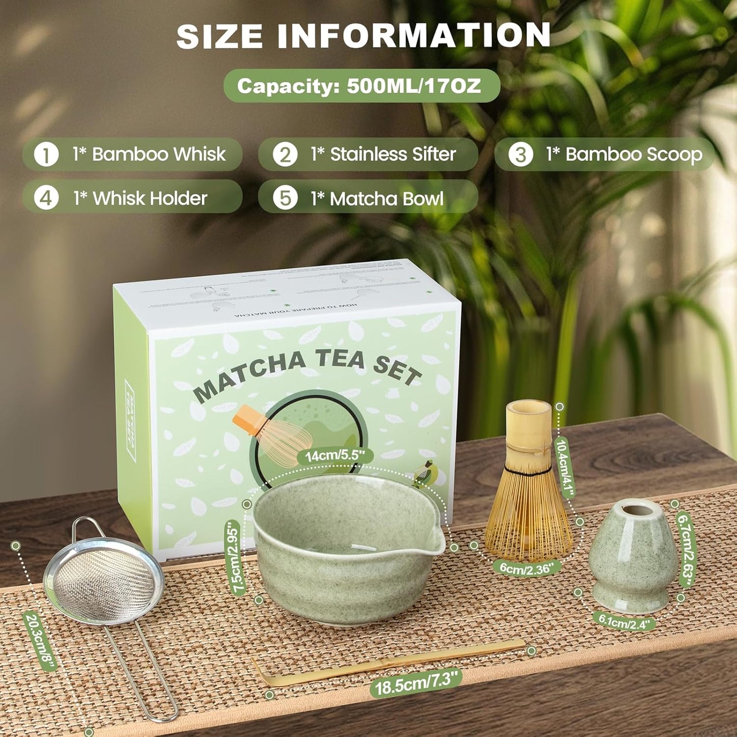 Dayacoco Matcha Whisk Set,Ceramic Matcha Kit Set Includes Bowl with Spout, Whisk,Holder,Bamboo Scoop and Sifter,5 pcs Matcha Tea Kit for Matcha Lovers, Ideal Gift for Christmas, Birthday (Green)