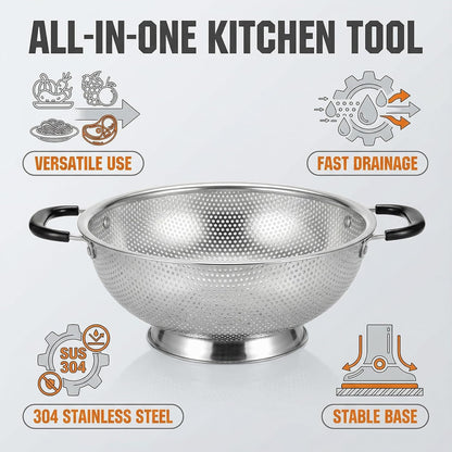 304 Stainless Steel Colander, Micro-Perforated 3-Quart Strainer with Base, Dishwasher Safe. Great for Pasta, Noodles, Vegetables & Fruits